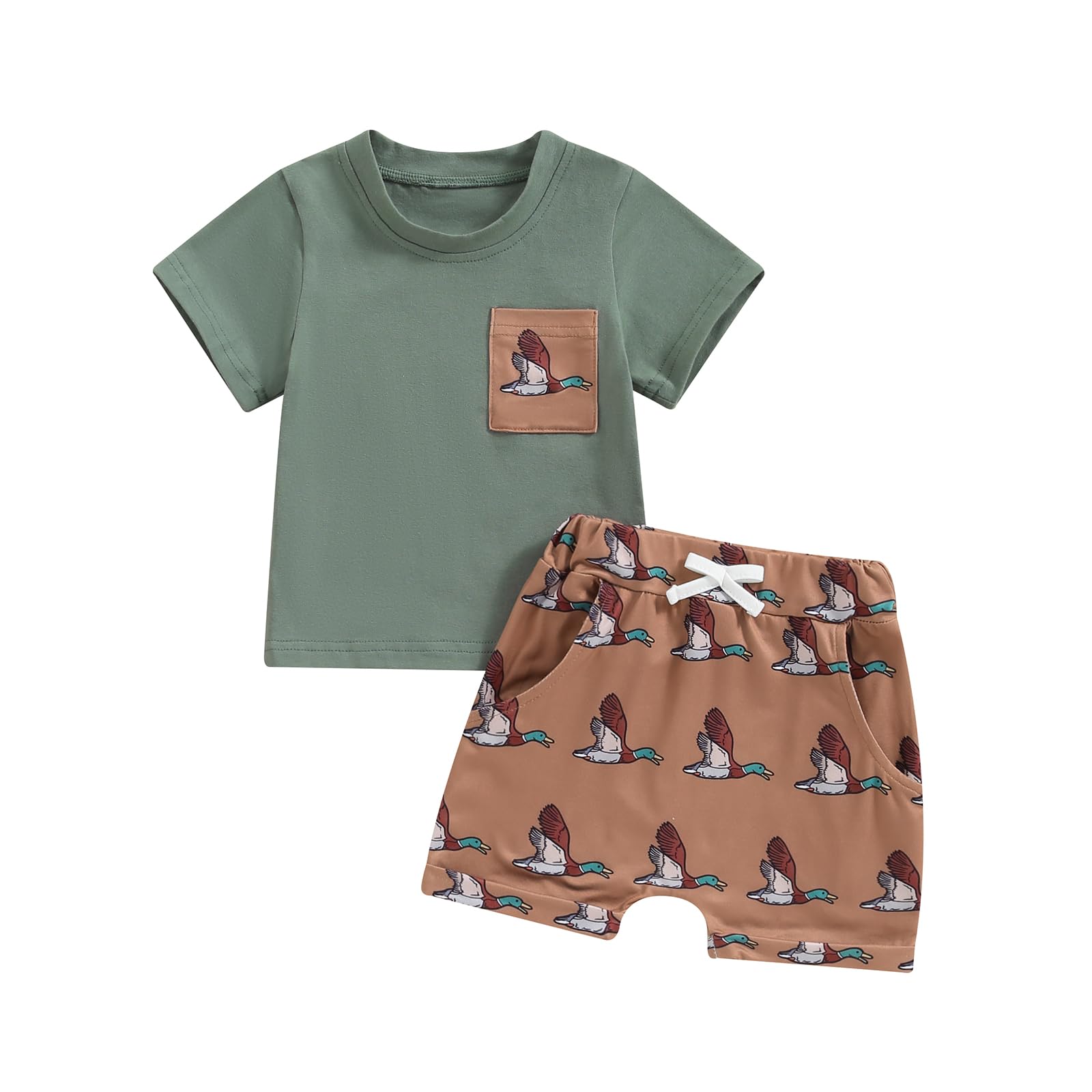 PUHHAPIEY Toddler Baby Boy Summer Clothes Retro Embroidery Duck Hunting Shirts T-Shirt + Elastic Camouflage Shorts Set (Khaki, 0