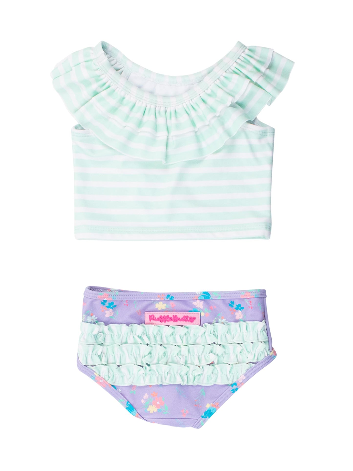 Rufflebutts Baby/Toddler Girls Cropped 2-Piece Sleeveless Tankini Swimsuits With Upf50+ Sun Protection - Purple Garden, 6-12M