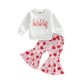 Iddolaka Toddler Baby Girls Valentines Day Outfits Long Sleeve Letter Sweatshirt Shirt Heart Flared Pants Spring Clothes (G-Whit