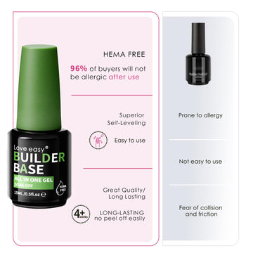 Love Easy Salon-Grade Baby Pink Builder Gel - Hypoallergenic Strong Base Coat | Long-Lasting Adhesion (30+ Days) For Professiona