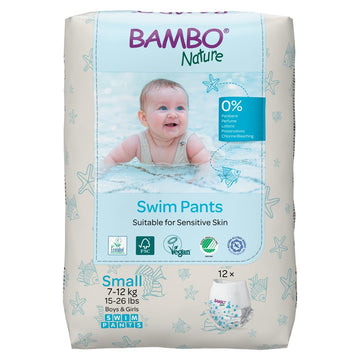 Bambo Nature Hypoallergenic Swim Pants, Eco-Labeled Swim Diapers, Double Leak Barriers - Small (12 Count)