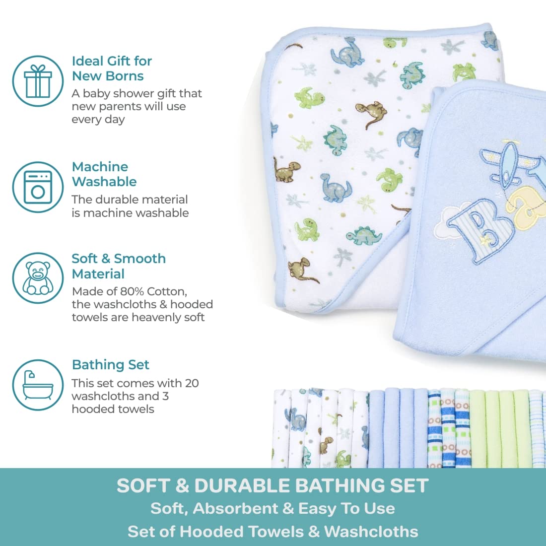 Spasilk Bath Hooded Towels & Washcloths Set For Babies, 23-Piece Gift Set, Blue