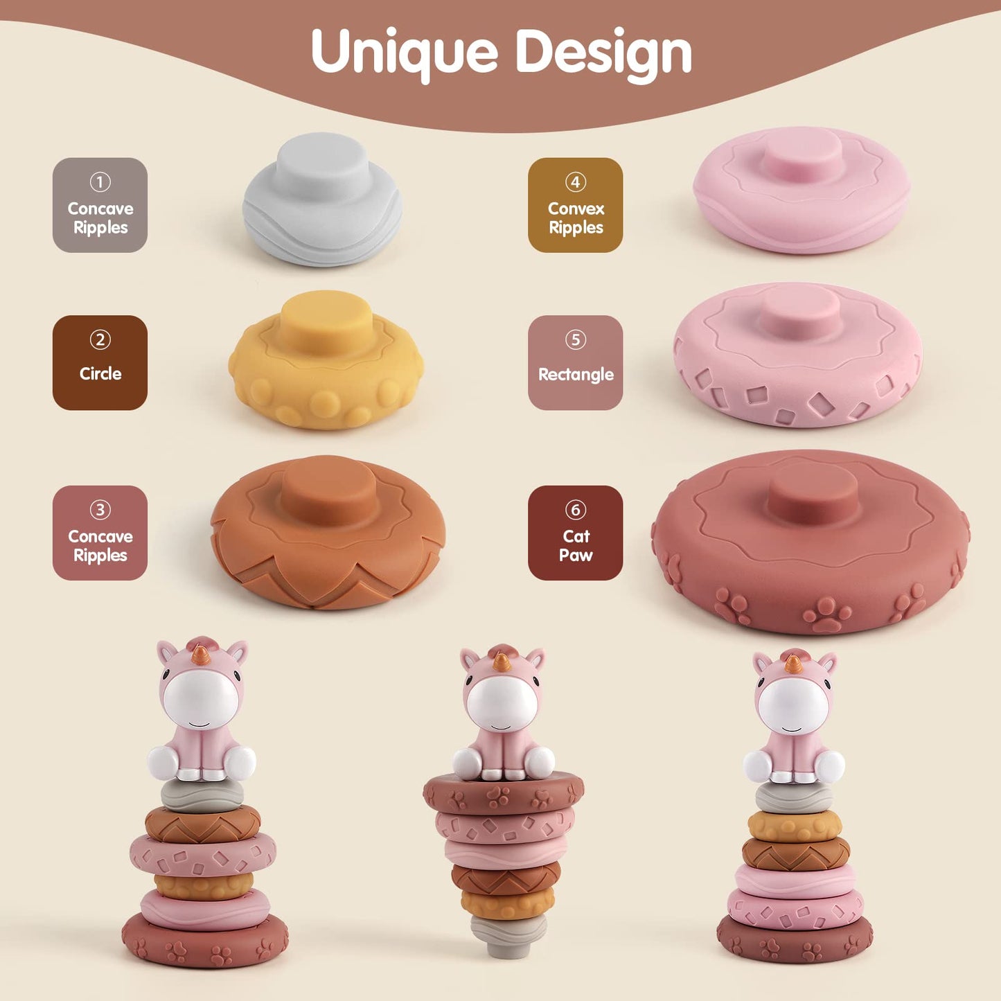 Nueplay 7 Pcs Stacking & Nesting Baby Toys, Squeeze Teething Toys and Building Circle with Pink Horse Figure, Newborn Essentials
