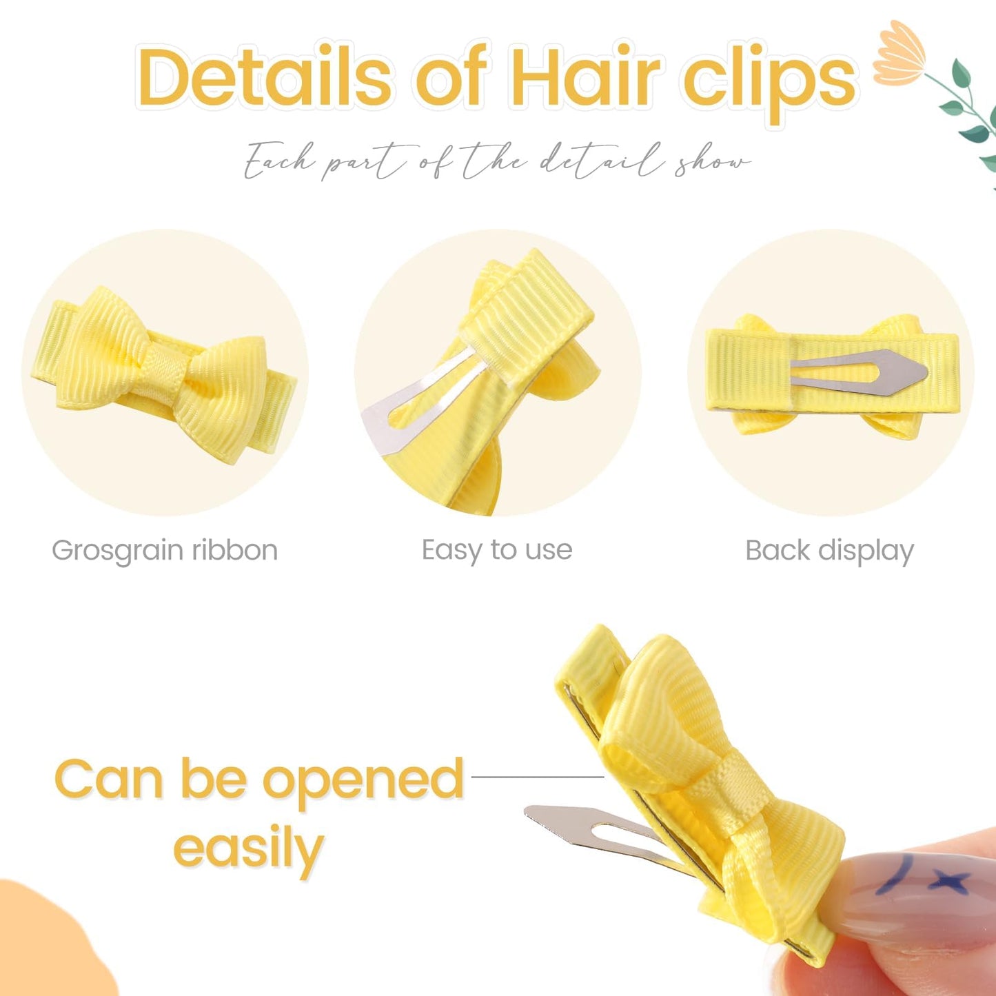 Yoyokid 50Pcs Baby Girls Snap Hair Clips, 1.2' Grosgrain Ribbon Tiny Hair Bows Clips For Baby Girls Toddlers Infant Fine Thin H