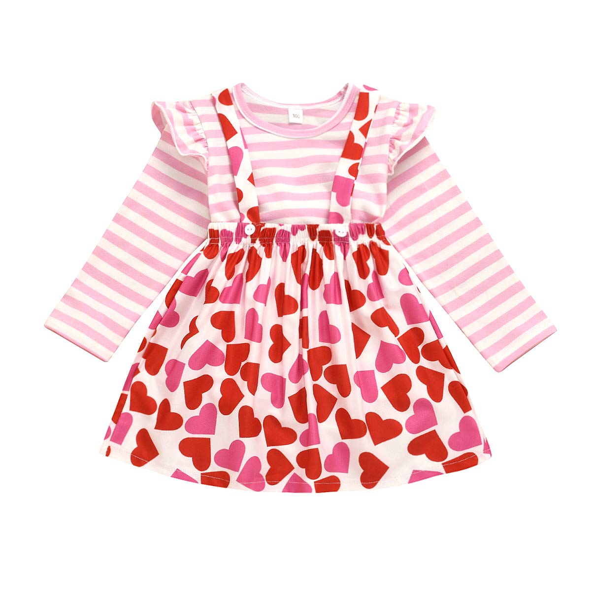 Xfglck Toddler Baby Girls Valentines Day Outfit Ruffle Sleeve Stripes Shirt Tops + Suspender Strap Heart Print Skirt Set(Pink,4-