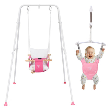 2-in-1 Baby Jumper & Swing - Foldable Stand, Stable Toddler Swing Set for Indoor & Outdoor Use (Pink)
