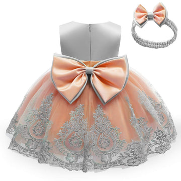 Cmmchaah Princess Girls Lace Embroidery Bow Toddler Dresses Cute Sleeveless Prom Dresses For Baby(Grey+Orange,110)