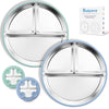 Bakpoco Stainless Steel Toddler Plate with Suction 2Pack, 9    Divided Kids Plates with Silicone Suction for Baby Self Feeding, 