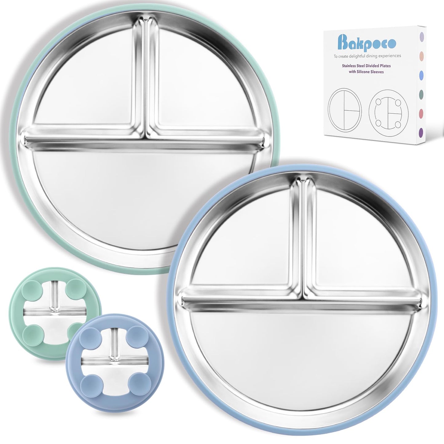 Bakpoco Stainless Steel Toddler Plate with Suction 2Pack, 9    Divided Kids Plates with Silicone Suction for Baby Self Feeding, 