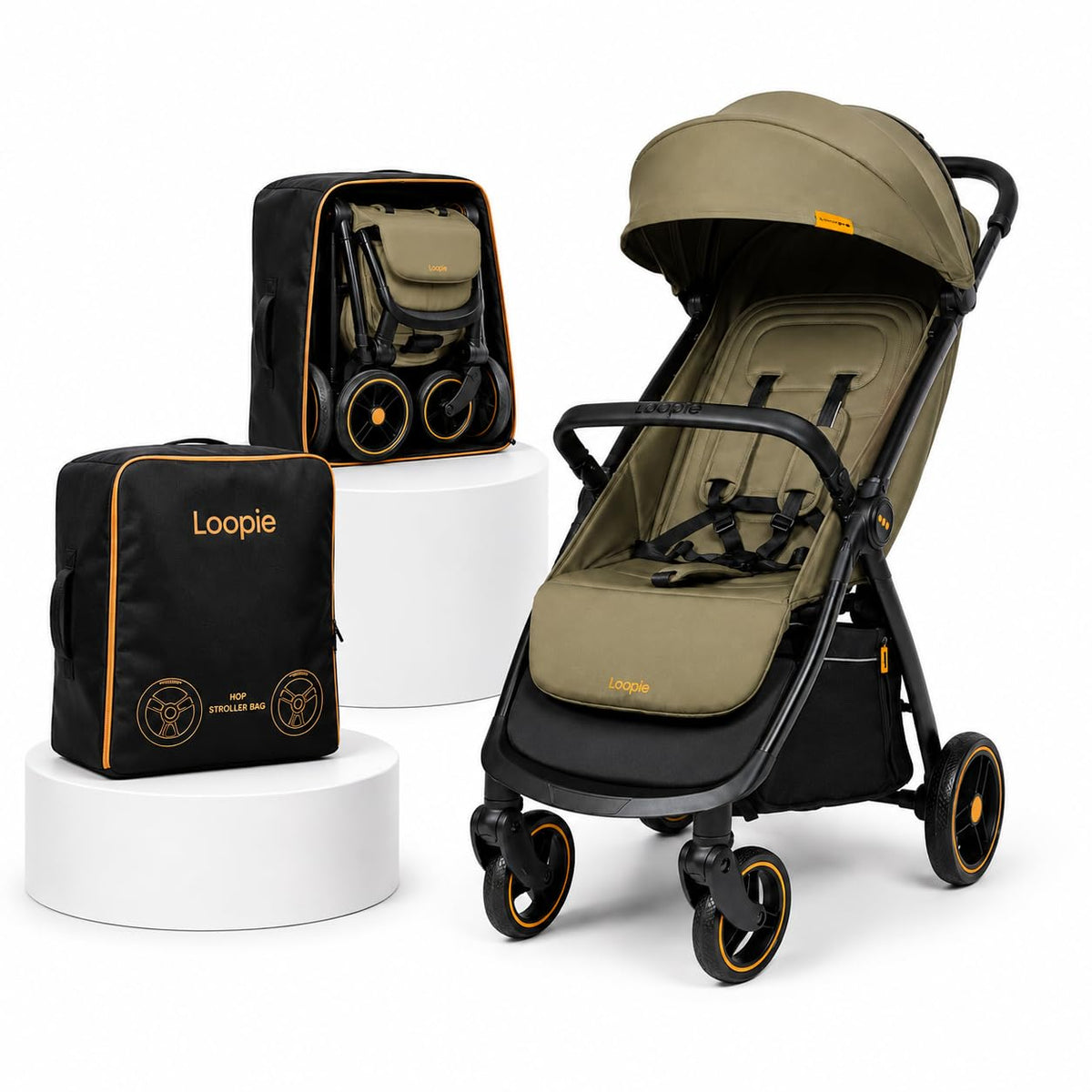 Loopie Hop Stroller with Travel Bag for 05 Years, Lightweight Fold, Olive