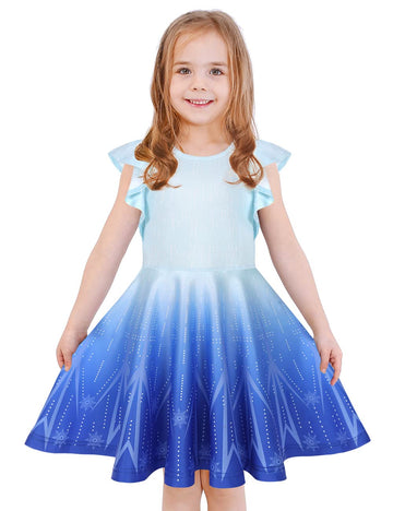 Labeca Baby Girls Printed Casual Party Dresses Twirly Ruffle Sleeve Dress Frozen Cap Xs