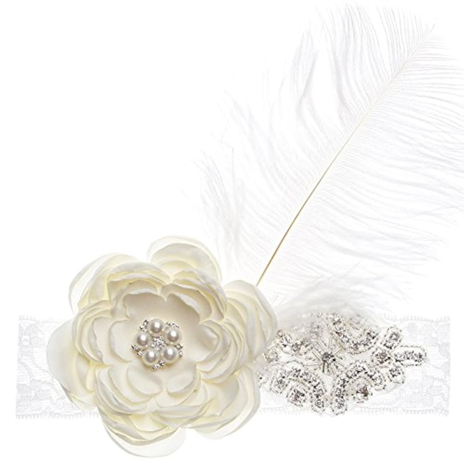 Nishine Baby Girls Rhinestone Flower Lace Headband Elastic Infant Headbands Newborn Hair Bands (Ivory)
