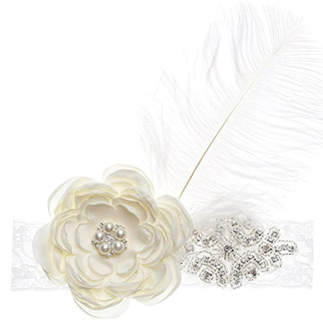 Nishine Baby Girls Rhinestone Flower Lace Headband Elastic Infant Headbands Newborn Hair Bands (Ivory)