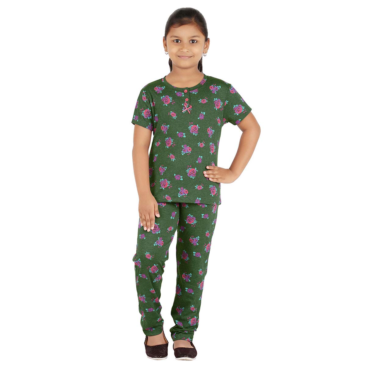 FICTIF Girls Cotton All Over Print Top and Pyjama Set Pack of 1 (FG303_Green Melange_23 Years)