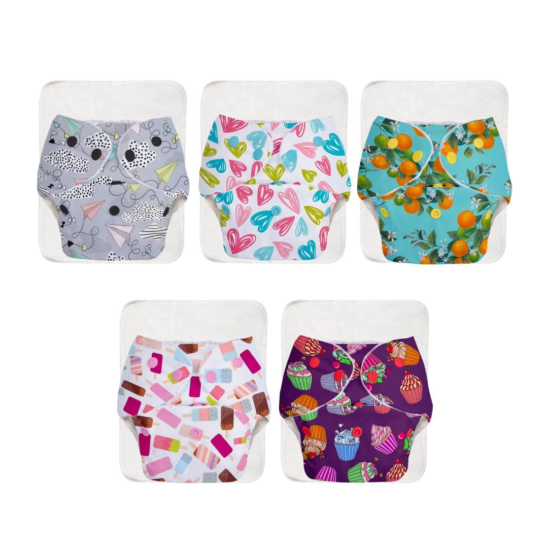 Superbottoms Basic LeakageProof Advanced Cloth Diapers For Babies, High Absorbent 100% Cotton 5 Reusable Diaper And 5 Insert Pa