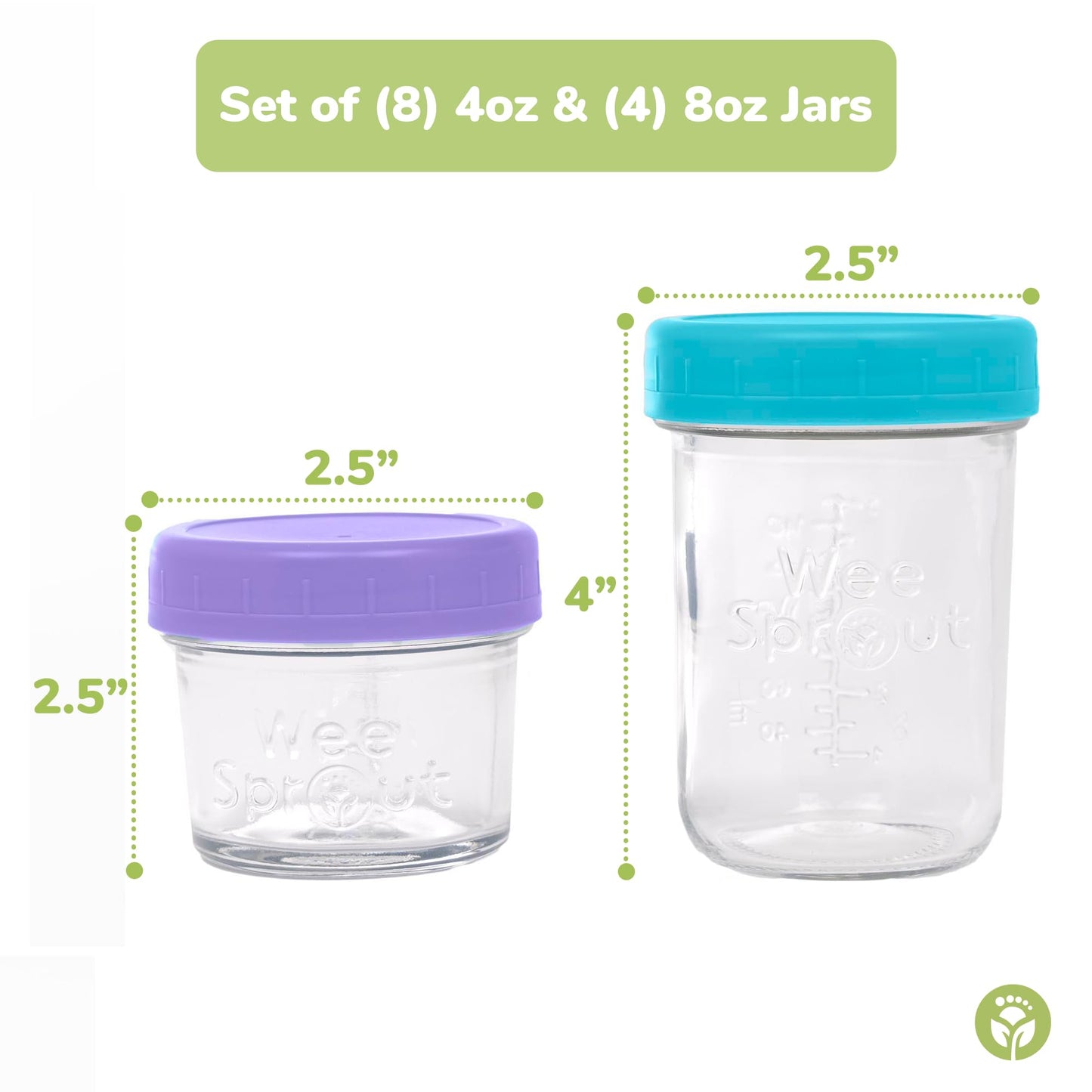 Weesprout Glass Baby Food Storage Jars - 12 Set, 4 Oz/8 Oz Baby Food Jars, Plastic Lids, Freezer Storage, Reusable Small Glass B