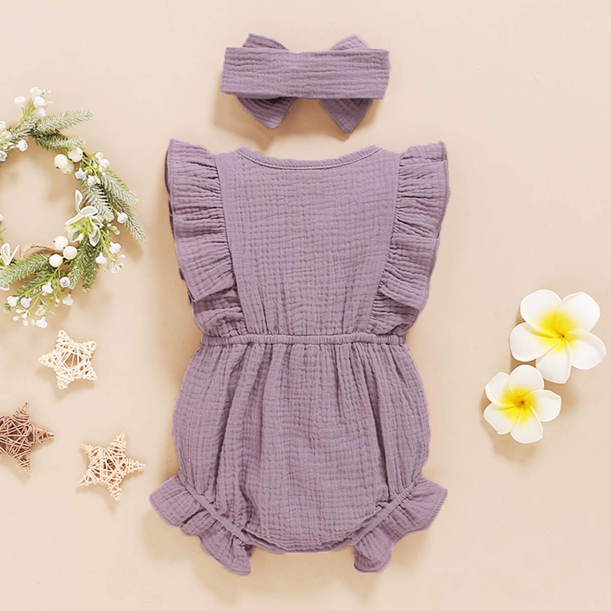 Younger Tree Toddler Baby Girl Ruffled Sleeveless Romper Casual Summer Jumpsuit Cotton Linen Clothes (Button-Purple, 6-12 Months