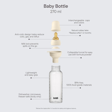 Bibs Baby Bottle 9 Oz / 270 Ml Natural Rubber Latex Nipple - Anti-Colic, Bpa-Free, Round Nipple, Medium Flow, Lightweight & Easy