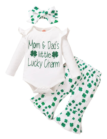 Shalofer Baby Girl Shamrock Outfit Newborn Girl Lucky Charm Bodysuit(Green-Flare Pants,0-3 Months)