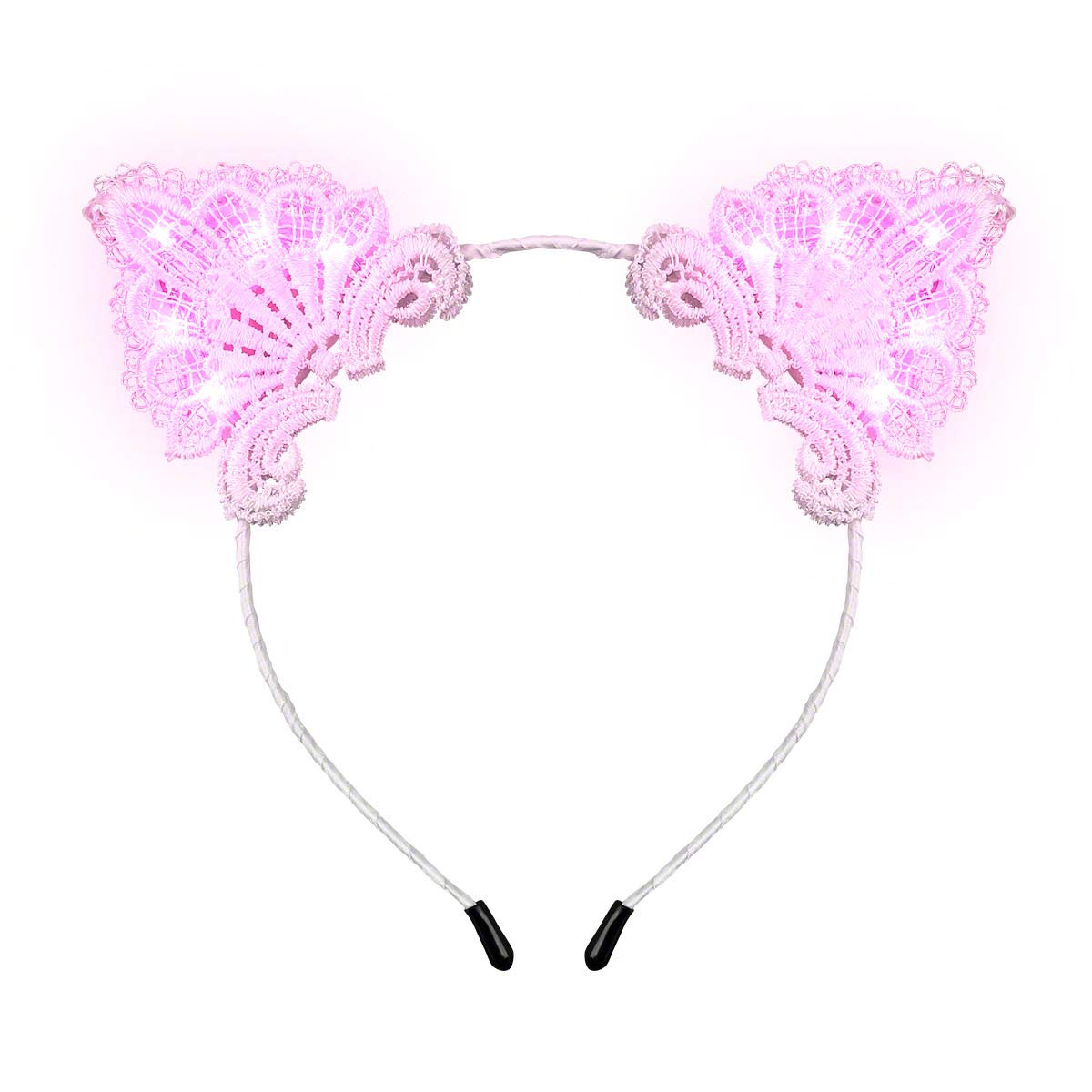 White Lace Kitty Cat Ears Headband With Pink Led Lights
