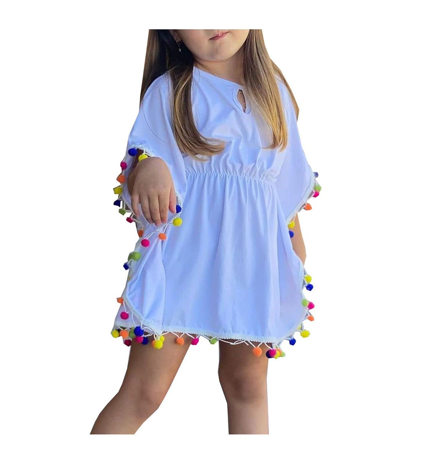 Tiacham Toddler Baby Girls Swimsuit Coverup Beach Dresses Tassels Cover Up Pompom Poncho Rash Guards (White, 2-3T)