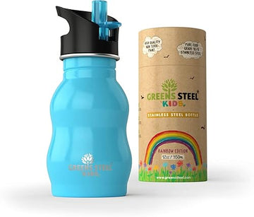Kids Water Bottle With Straw & Handle, 12 Oz Blue - Eco Friendly Toddler Cups With Straws - Easy Sip Metal Water Bottle For Kids