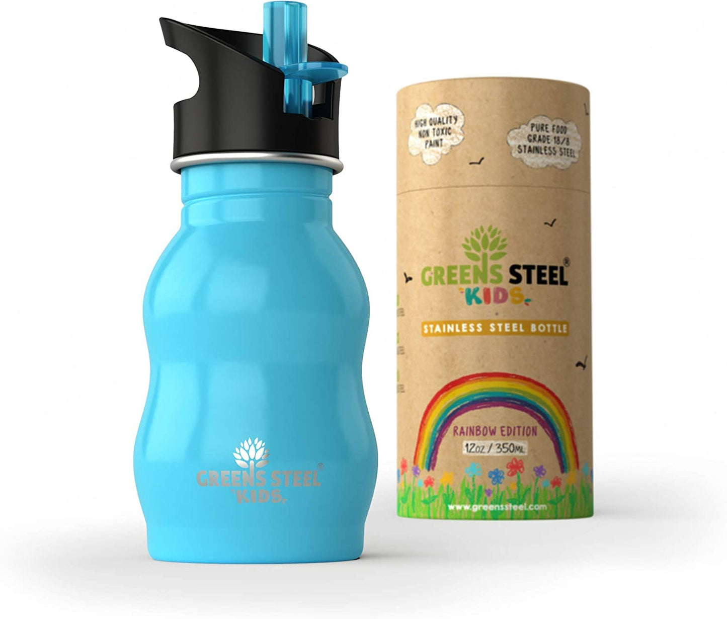 Kids Water Bottle With Straw & Handle, 12 Oz Blue - Eco Friendly Toddler Cups With Straws - Easy Sip Metal Water Bottle For Kids