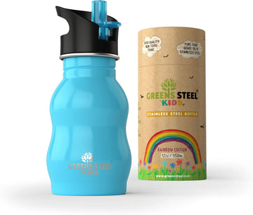 Kids Water Bottle With Straw & Handle, 12 Oz Blue - Eco Friendly Toddler Cups With Straws - Easy Sip Metal Water Bottle For Kids