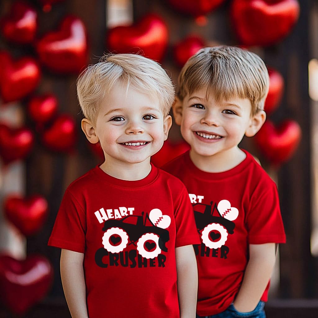 Little Boy Valentines Day Shirt Heart Crusher Monster Truck Graphic Vday Toddler Kids Heart Tops Size 7 Years