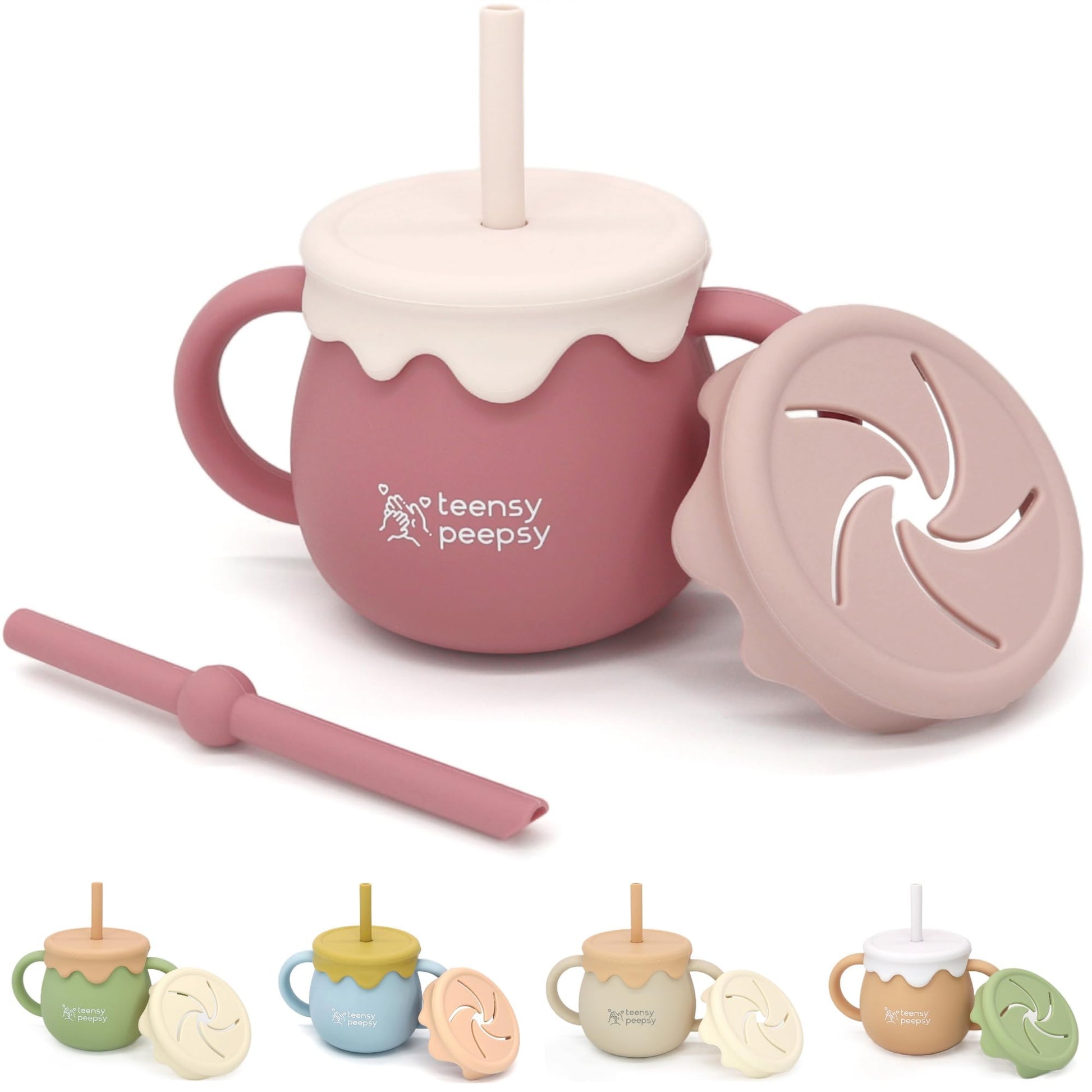 teensy peepsy Honey Jar Pot 3-in-1 Silicone Training Cup 8.5oz, Baby Sippy Cup with Straw & Snack Cup for 6 months+ Straw Cup fo