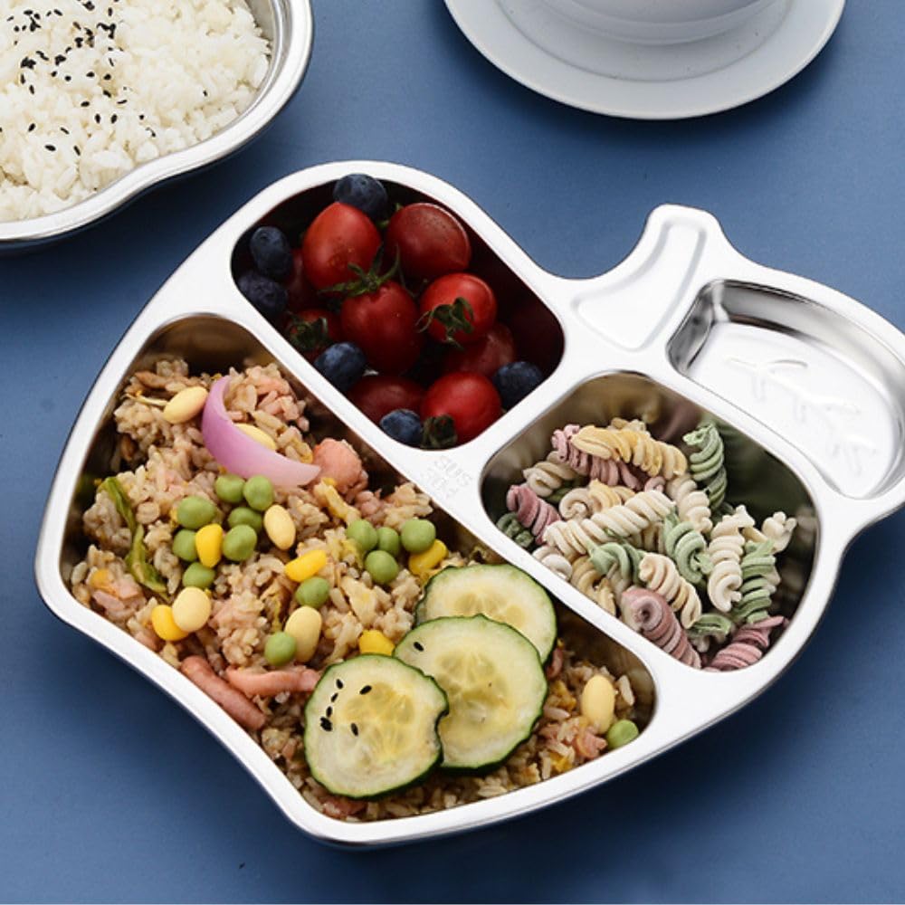 Happy Hues Stainless Steel Divided Meal Plate Tray3 Compartments Dinner Dish For Baby (Apple)