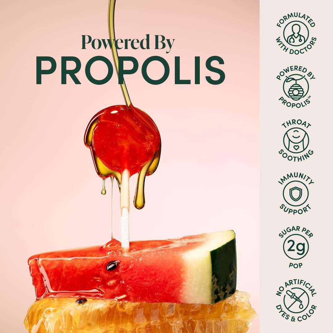 Kids Throat Soothing Watermelon Lollipops, By Beekeeper'S Naturals - Doctor Formulated Immune Support, Under 2G Sugar, Vitamin D