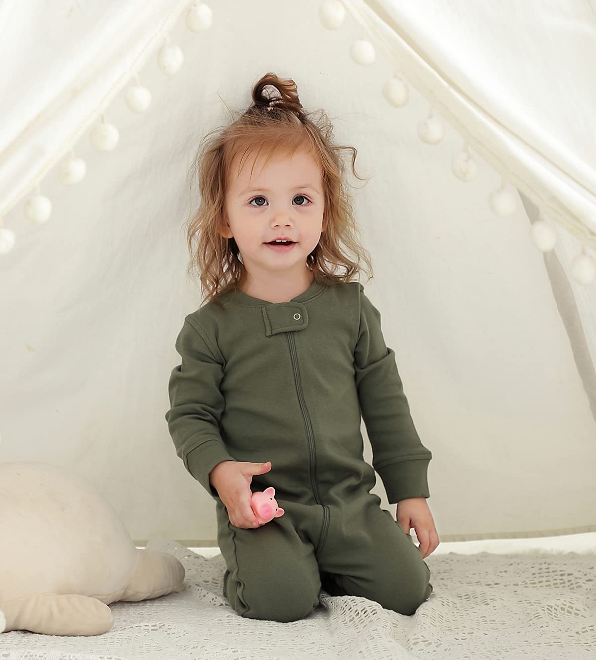Owlivia Organic Cotton Baby Boy Girl Zip Up Sleep N Play, Footless, Long Sleeve(Newborn, Dark Grey Melange & Olive Green)