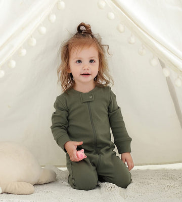 Owlivia Organic Cotton Baby Boy Girl Zip Up Sleep N Play, Footless, Long Sleeve(Newborn, Dark Grey Melange & Olive Green)