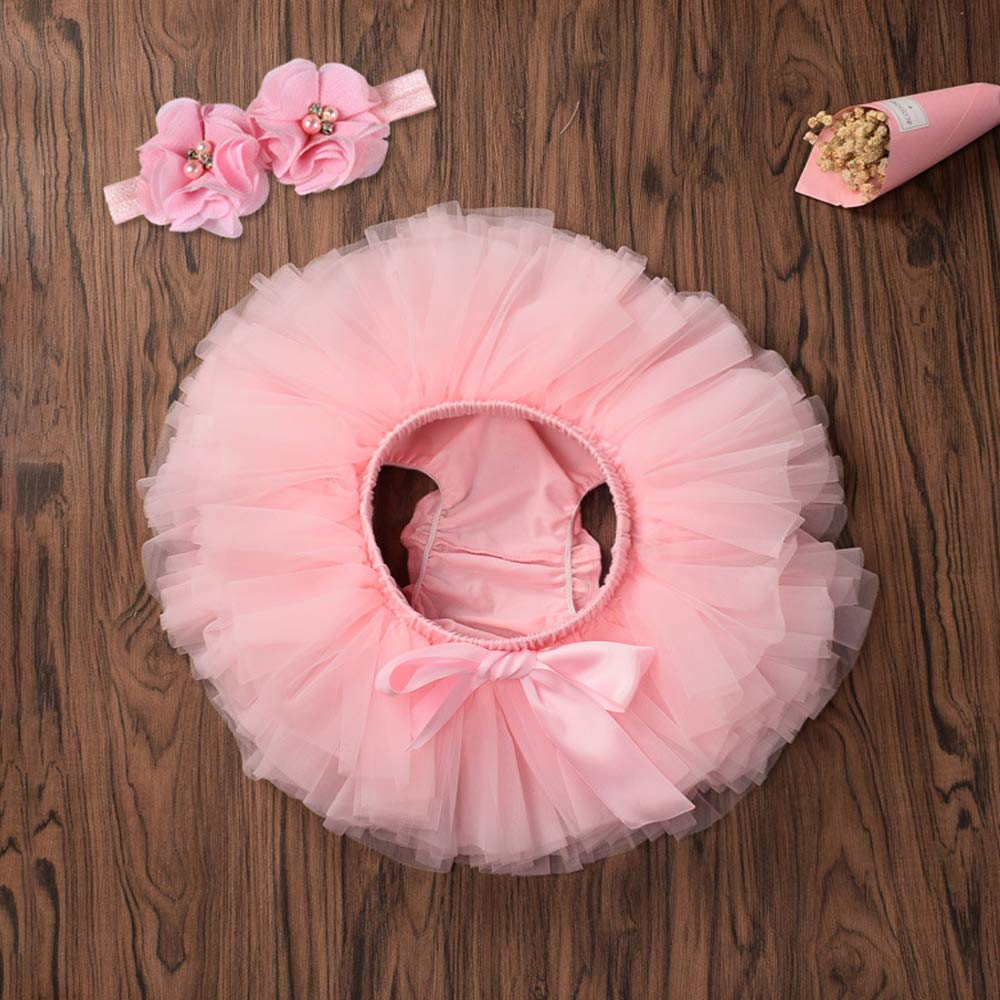 Baby Girls Tutu Skirt Headband Set Toddler Ruffle Tulle Diaper Covers 6-24 Month Pink