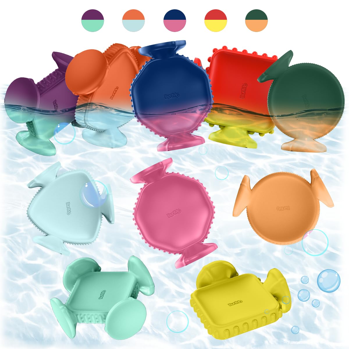 BUNMO Big Shapes Color-Changing Textured Suction Bath Toys for Toddlers 1-3 (10 Pack), Extra Large Silicone Bathtub Toys, BPA-Fr