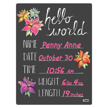 Cohas Hello World Newborn Baby Announcement Chalkboard Sign With Tropical Flower Theme, 9 By 12 Inches, Bright Pink Marker