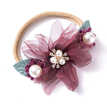 Wiwpar Gauze Flowers Headband Bead Headwear Elastic Adjustable Head Piece Girl'S Hairbands For Toddler And Childrens (Purple)
