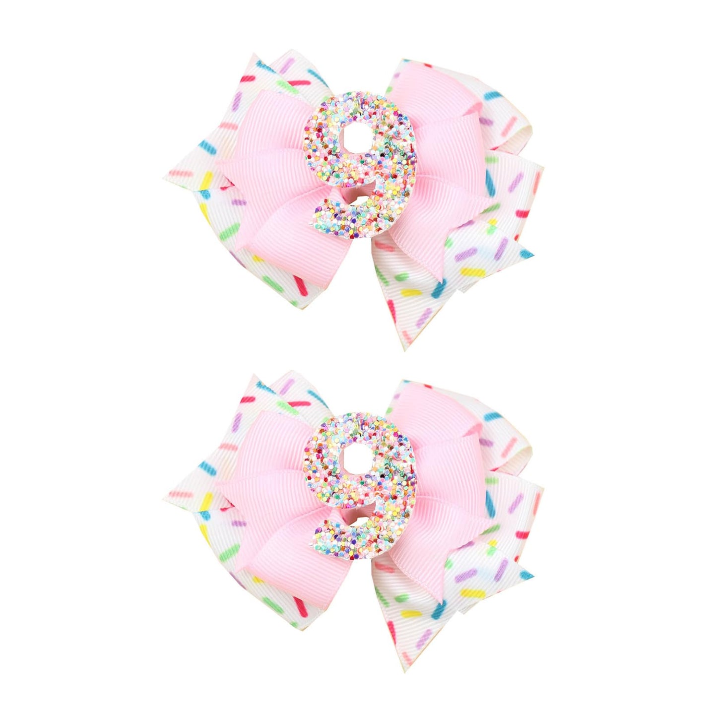 Birthday Hair Bow for Baby Girls - 2Pcs Pink Sprinkle Hair Clips for 9th Birthday Glitter Ice Cream Baby Bow Party Decorations f