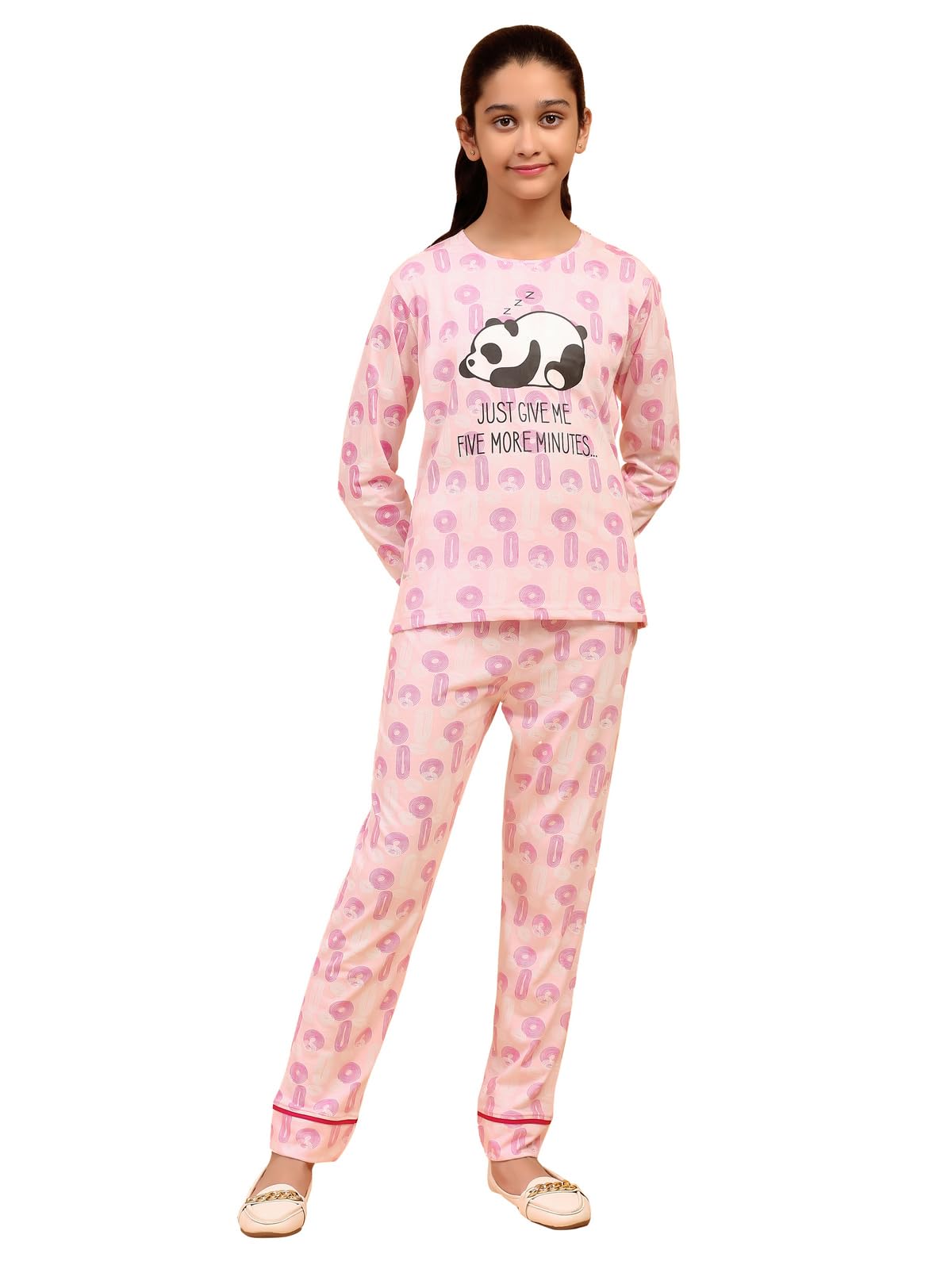 Ninos Dreams Full Sleeves Pink Spiral Text Print Girls Coord Set Tshirt with Pajama/Night Suit