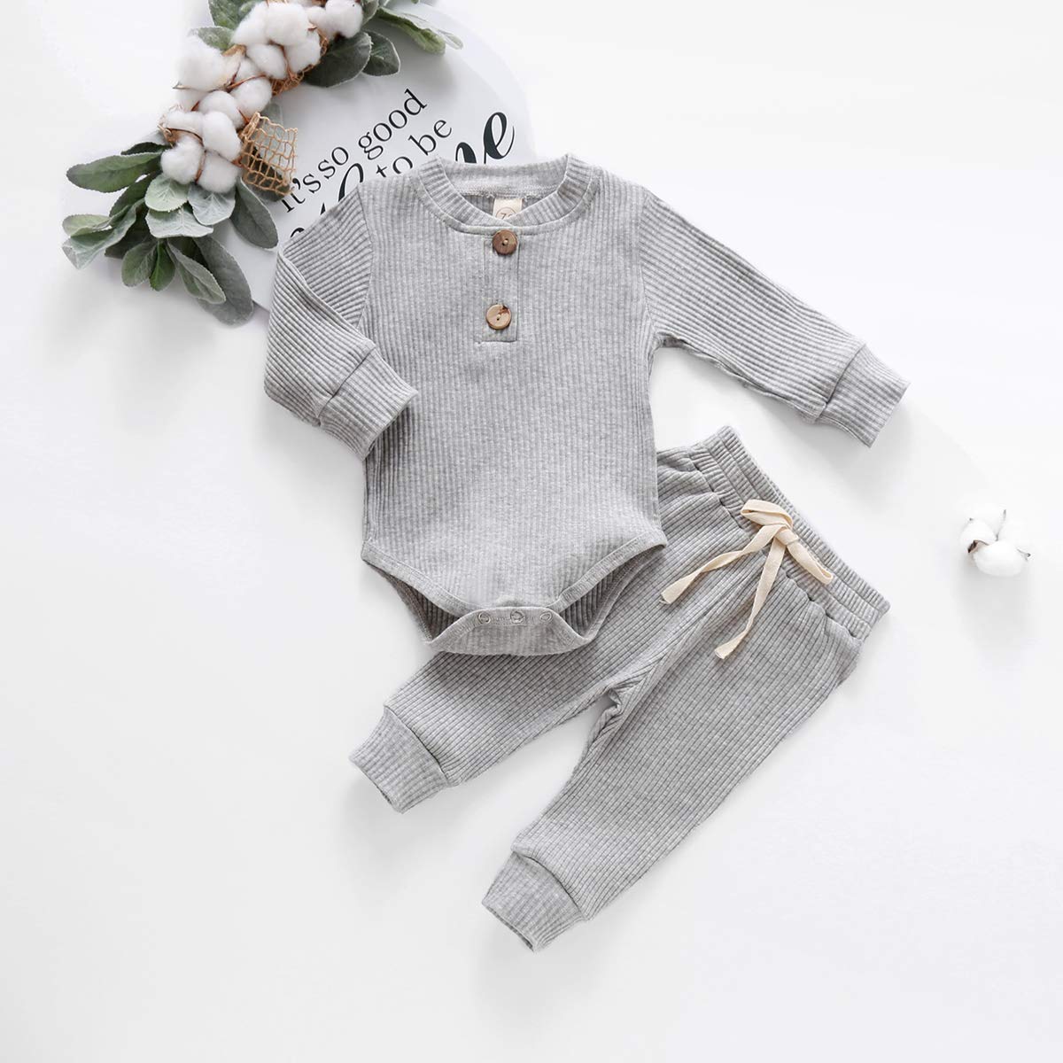 Bmnmsl, Newborn Baby Girl Boy Fall Clothes Outfits Long Sleeve Knitted Cotton Romper & Pants Infant Winter Sets, B-Gray, 6-12 Mo