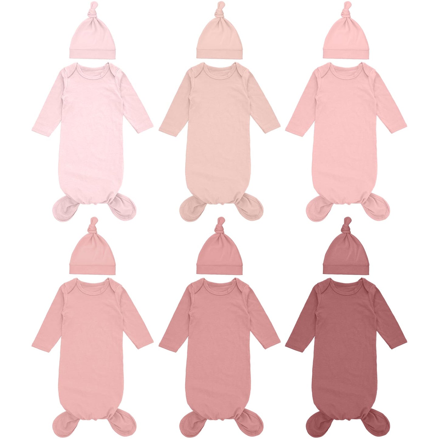 Cuffbow 6 Packs Newborn Baby Knotted Gowns Set 0-6 Months Cotton Sleeper Long Sleeve Nightgown and Hat Set for Infant Baby (Pink