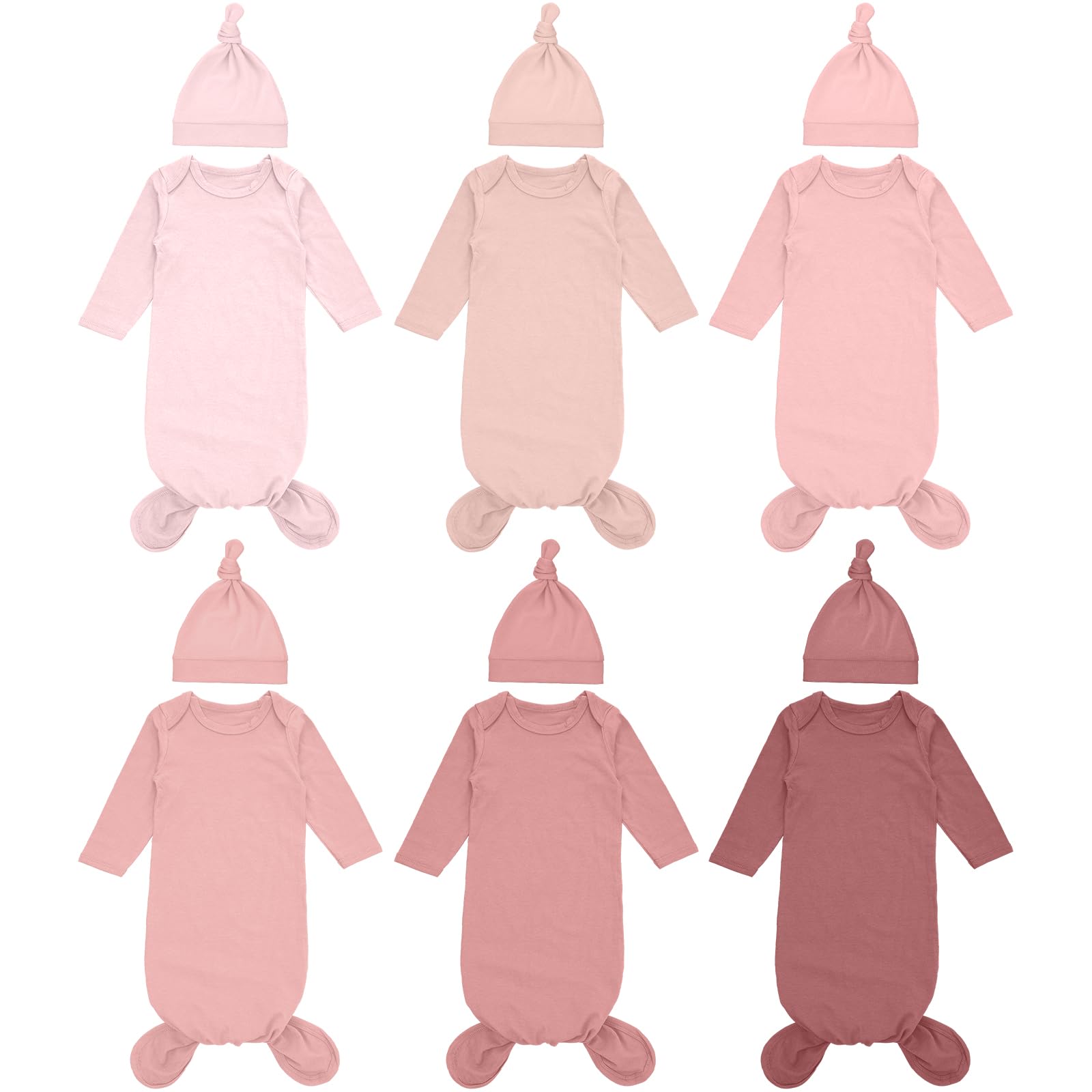Cuffbow 6 Packs Newborn Baby Knotted Gowns Set 0-6 Months Cotton Sleeper Long Sleeve Nightgown and Hat Set for Infant Baby (Pink
