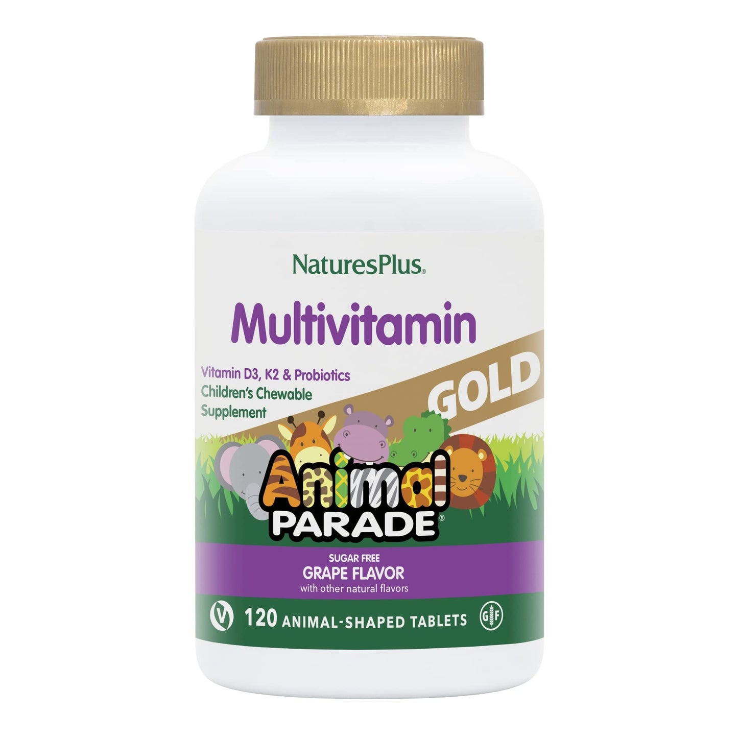 Natures Plus Animal Parade Gold Children'S Multivitamin, Grape Flavor - 120 Chewable Animal Shaped Tablets - Vegan, Gluten Free