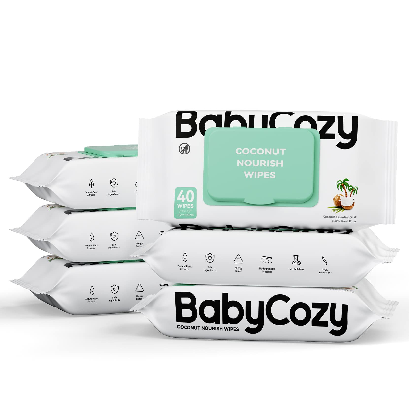 Baby Wipes, Cleansing & Moisturizing 2-In-1 Babycozy Sensitive , 100% Plant Fiber & Biodegradable, Hypoallergenic Baby Coconut W