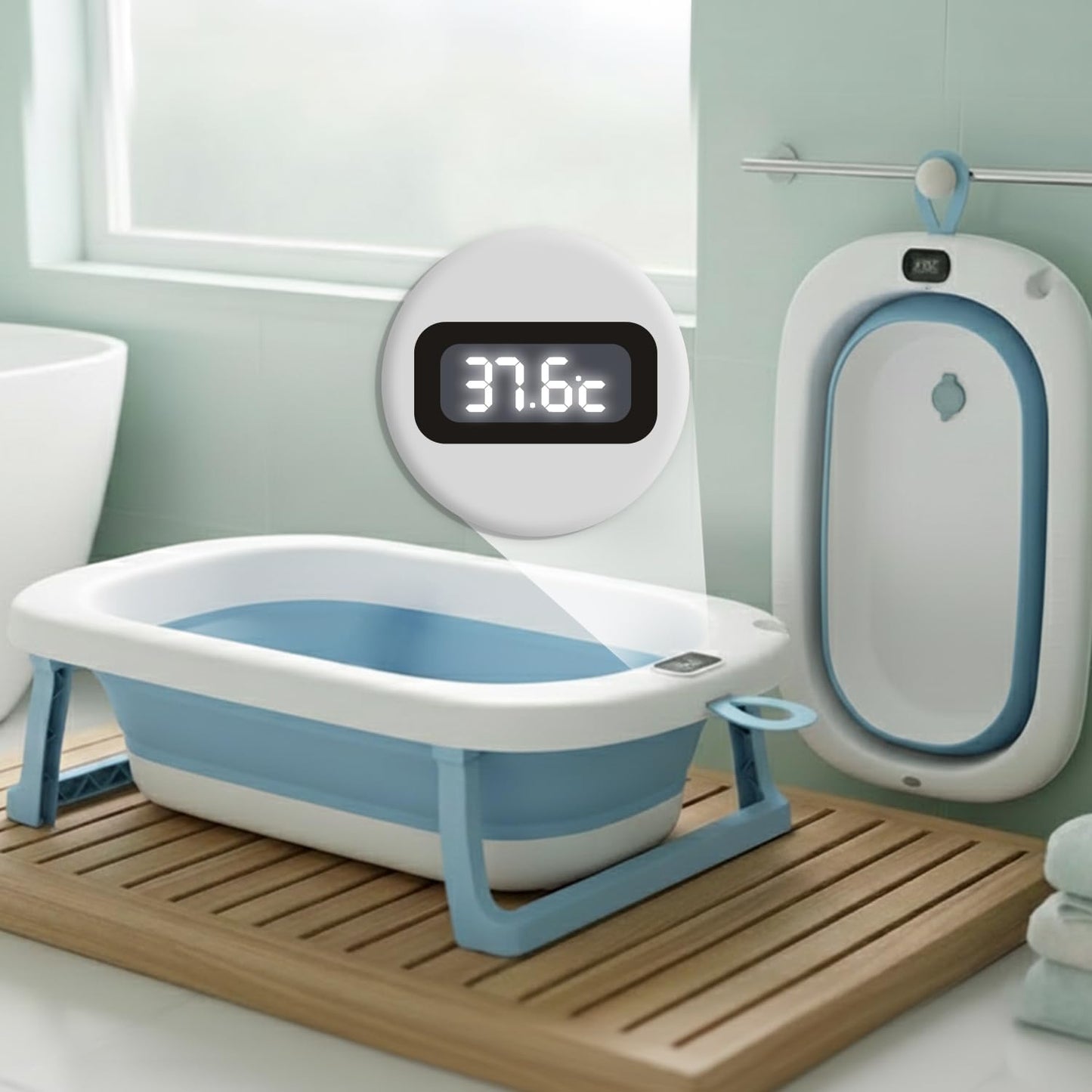 Mee Mee Baby Bath Tub With Digital Temperature Display | Foldable BpaFree Infant Tub With AntiSkid Base, Insulated Walls & Dra