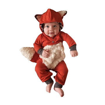 Newborn Baby Girl Boy Halloween Cosplay Cartoon Clothes Fox Coat Fur Bodysuit Jumpsuit Hooded Playsuit Romper (Orange, 0-3 Month