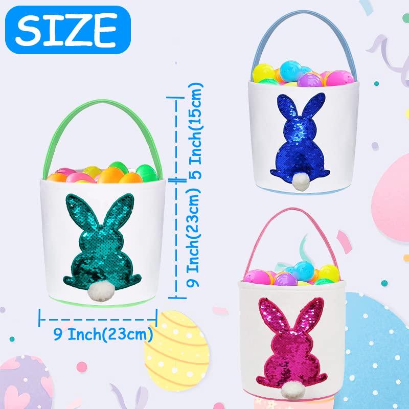 Poptrend Easter Basket Bags,Easter Eggs/Gift Baskets For Kids,Bunny Tote Bag Bucket For Easter Eggs,Toys, Candy,Gifts (3 Pack Bl