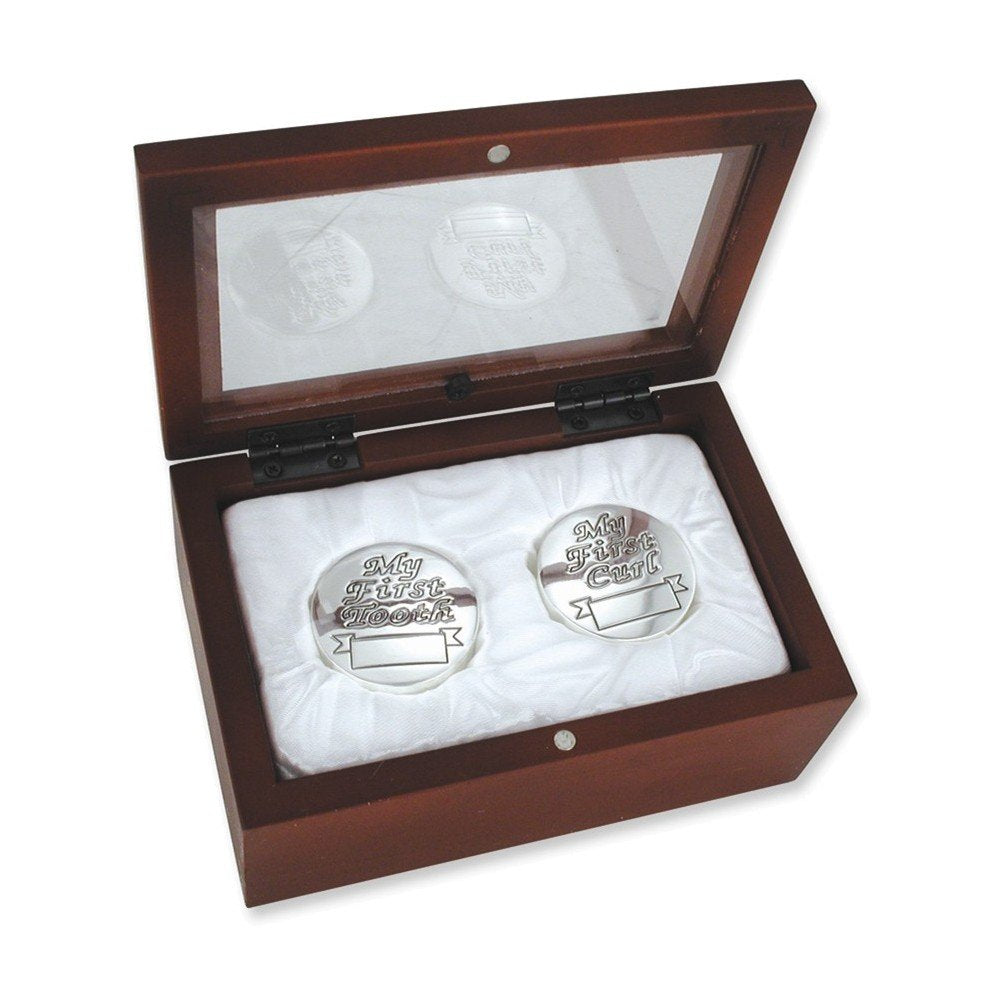 Baby'S Silver First Curl & First Tooth In Rosewood Keepsake Box