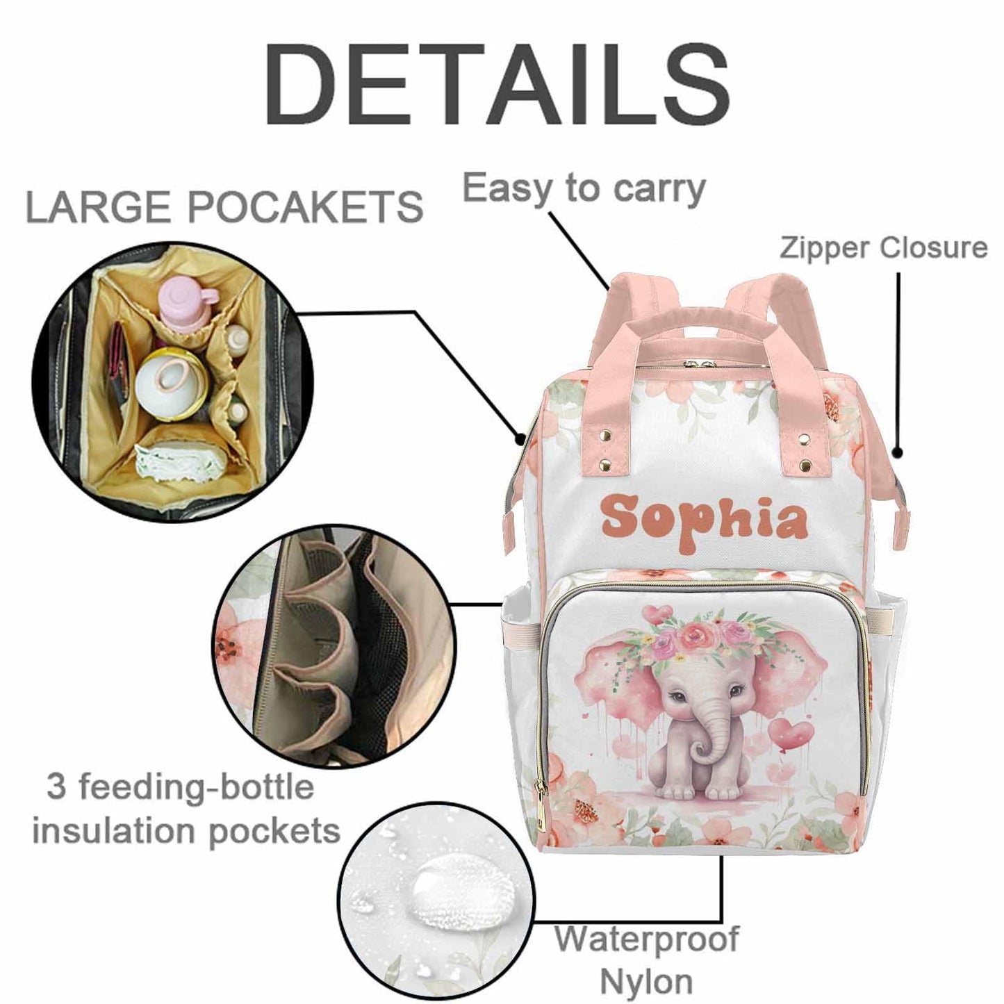 M Yescustom Custom Girls Diaper Backpack For Baby - Large Capacity With Pockets - Animal Personalized Baby Diaper Bag - Waterpro